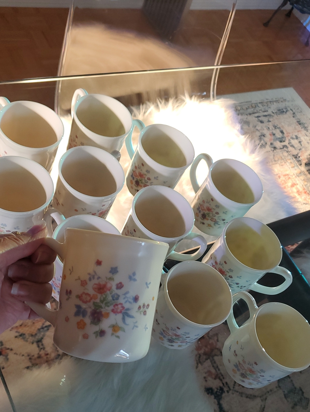 12 Arcopal France Vintage 70s Milk Glass Floral Coffee Tea Cups Mugs